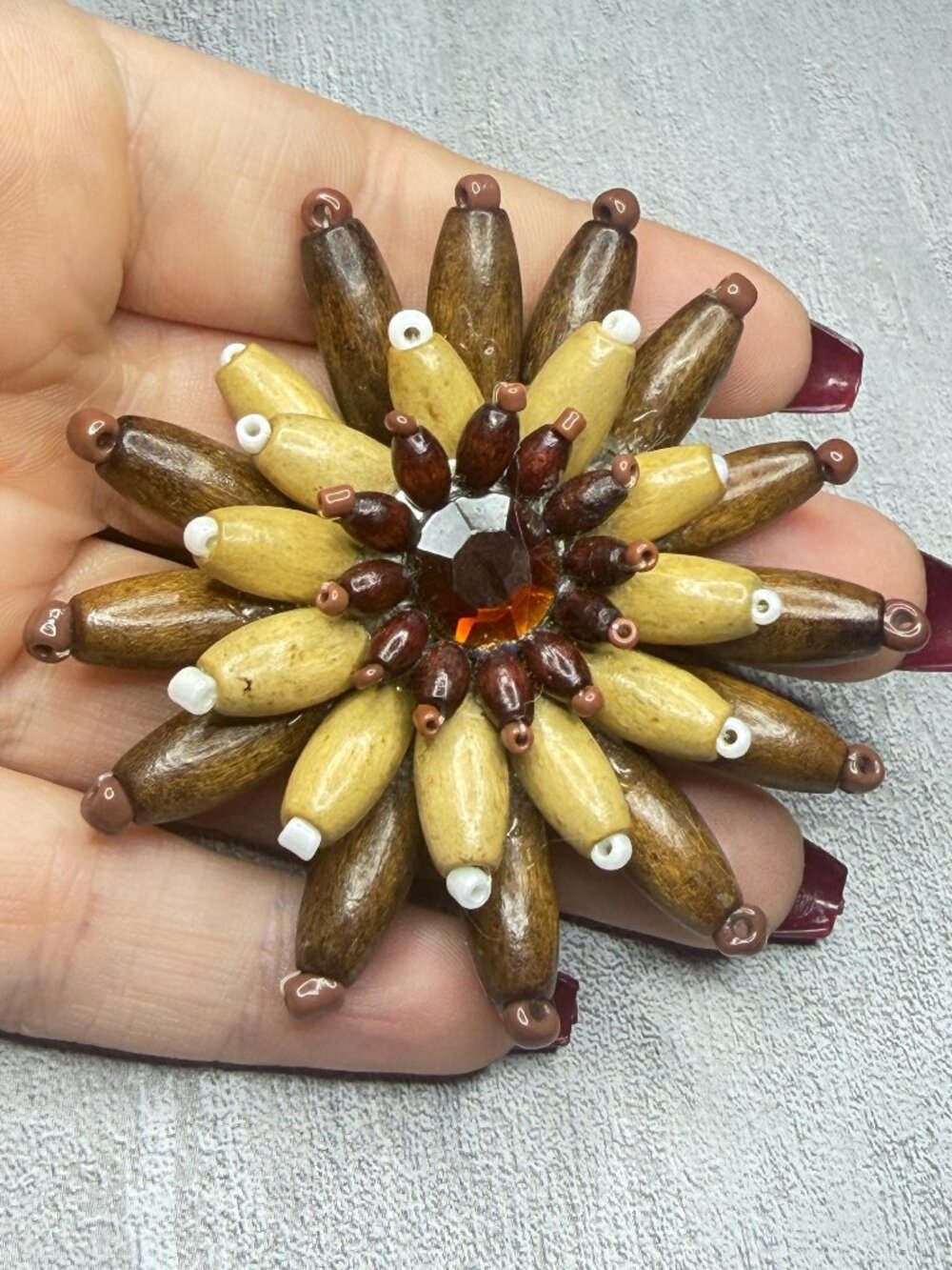 Handmade Wood Bead Flower Brooch Dimensional Brown Yellow